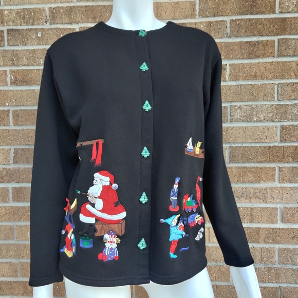 Karen Scott Woman's Christmas  Sweater w/ Santa, Elves & Tree Buttons - Picture 4 of 7